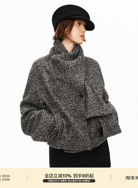 PUKI 35%羊毛 粗呢雪花纹 原创设计感围巾领斜襟秋冬短款外套