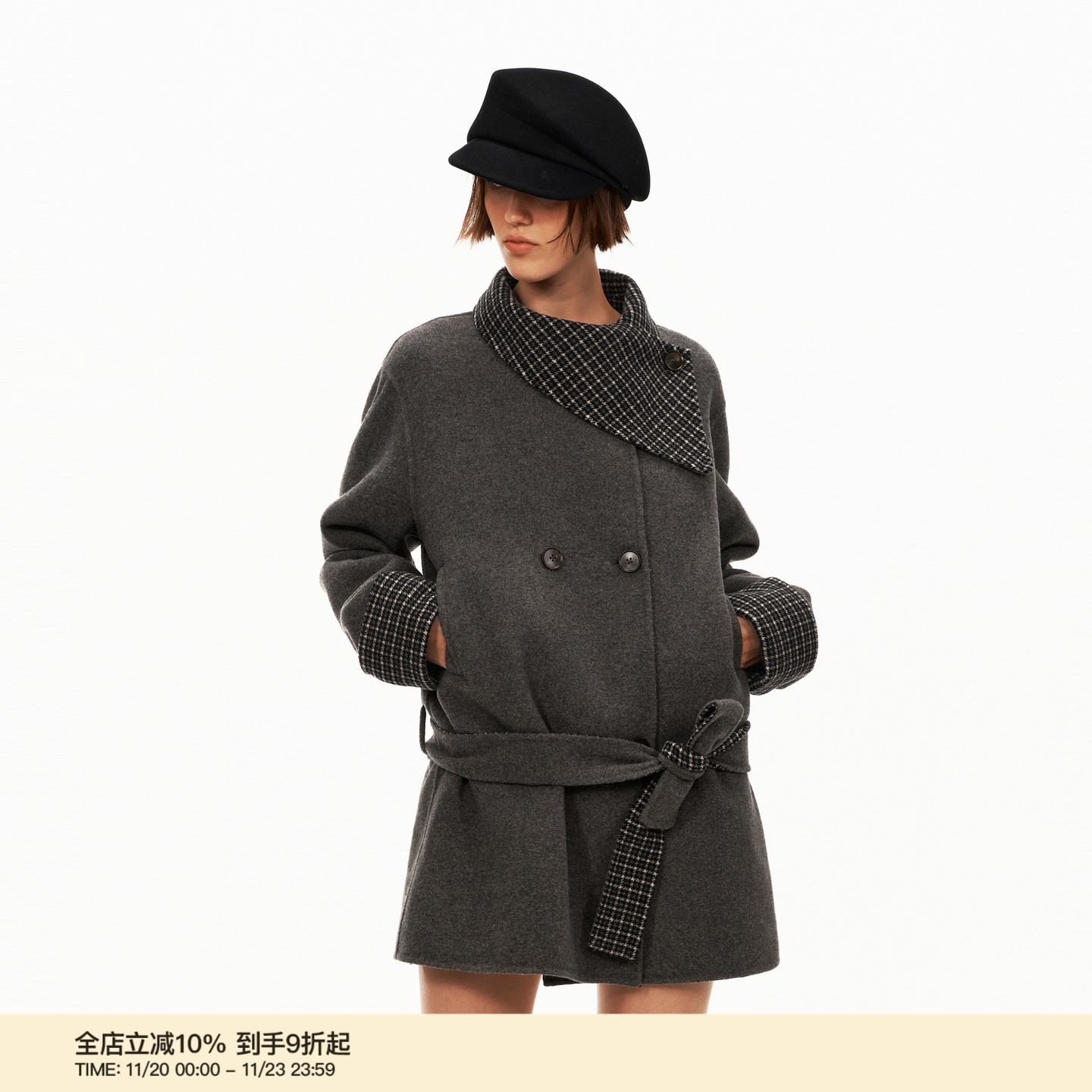 PUKI 45%绵羊毛 围巾领羊毛双面呢大衣 复古秋冬系带保暖毛呢外套