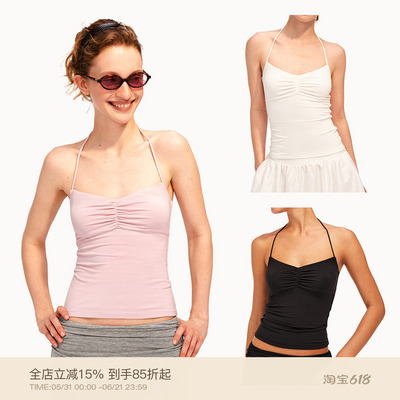 PUKI 95%兰精莫代尔 挂脖系带露背背心 抽褶修身显瘦吊带