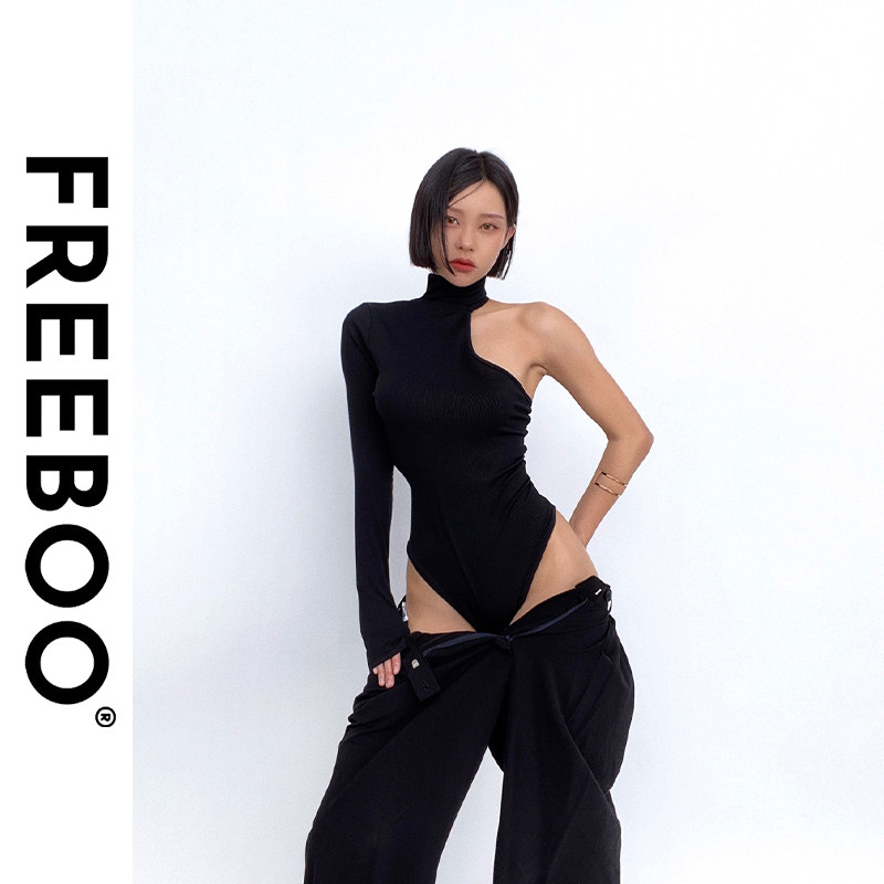 FREEBOO 原创性感高领螺纹单袖连体衣裤女辣妹紧身显瘦露肩T恤