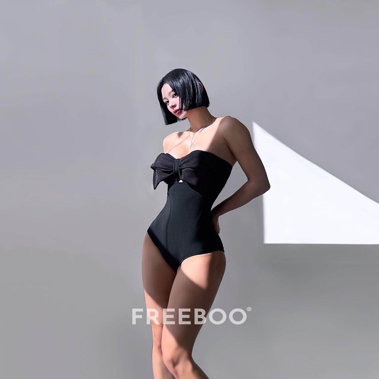 FREEBOO 黑色肩带吊带镂空性感显瘦连体比基尼泳衣温泉沙滩度假