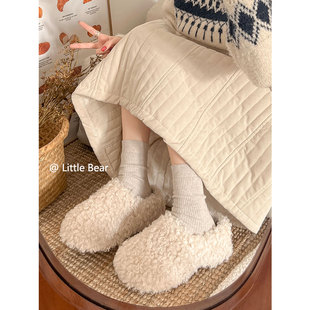 小熊出走增高加绒包头勃肯鞋 秋冬百搭白色厚底保暖棉韩系毛毛拖鞋