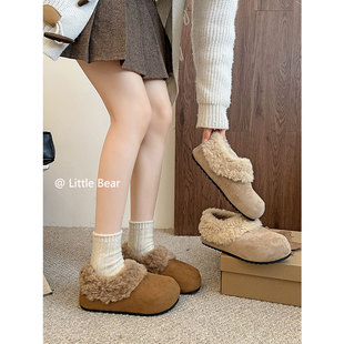小熊出走丰厚绒绒毛毛包头勃肯鞋 女外穿一脚蹬半拖秋冬加绒棉拖鞋