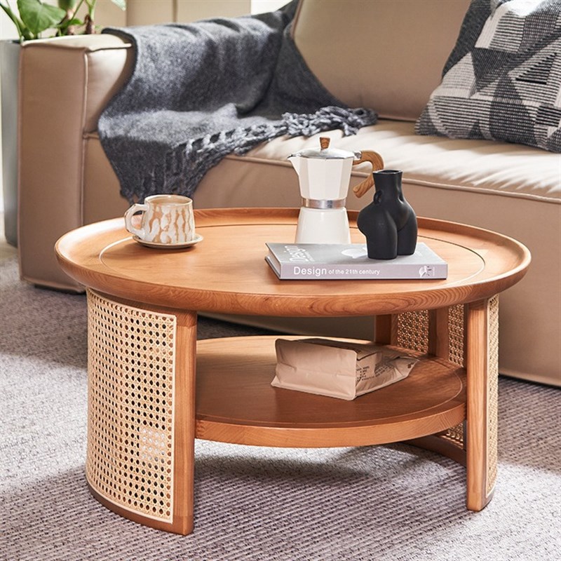 实木日式藤编茶几矮桌圆形客厅北欧风家用简约小户型小圆桌茶桌子