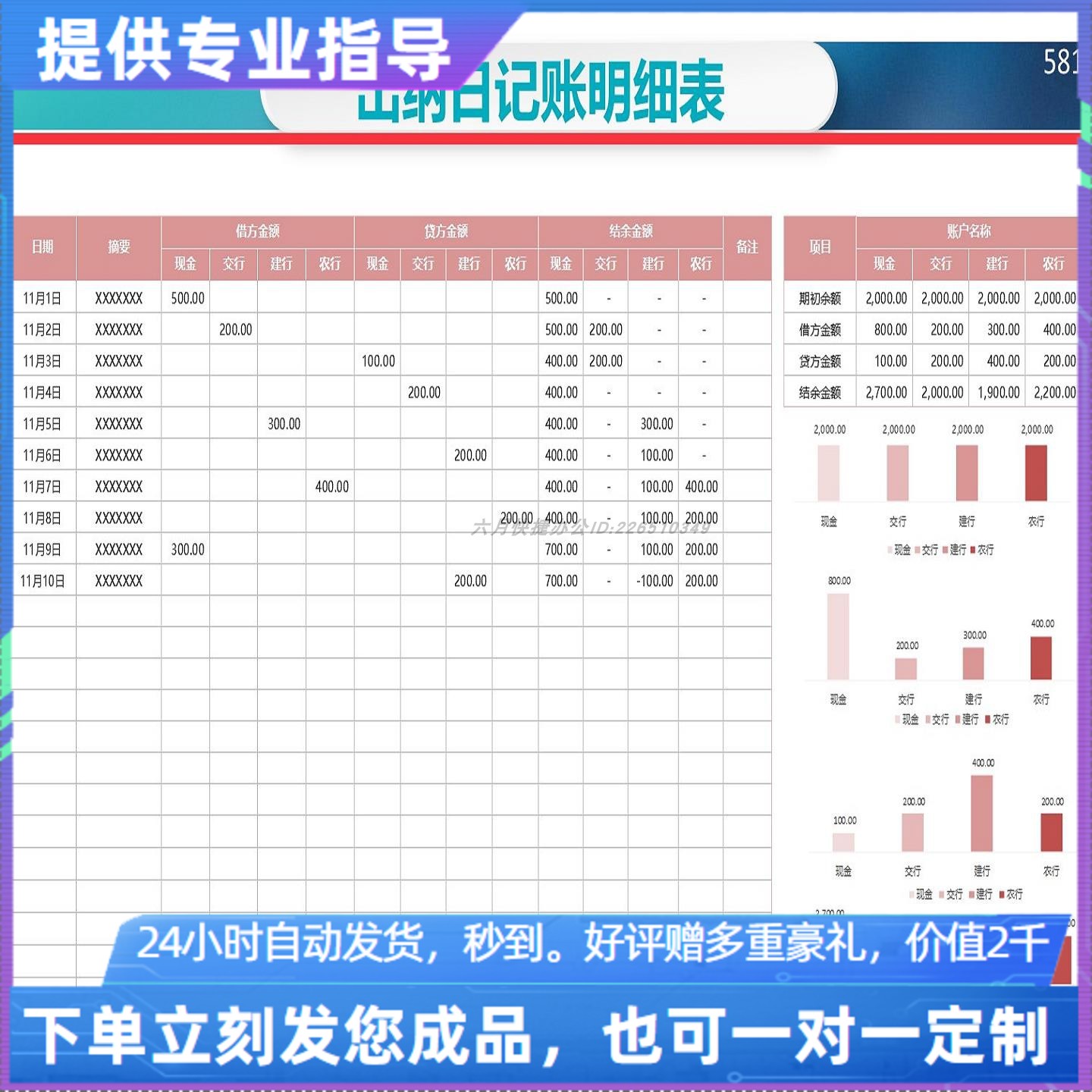 原创设计出纳日记账明细表EXCEL表格WPS系统定制