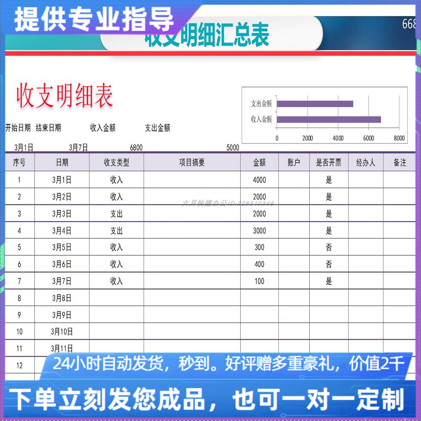 原创设计收支明细表EXCEL表格WPS系统定制