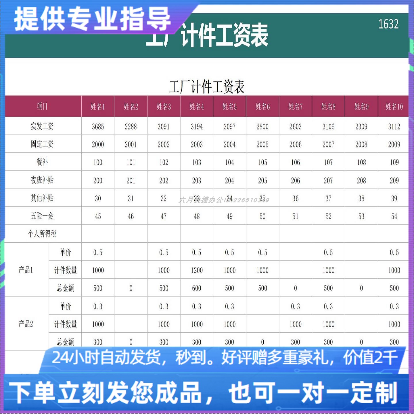 原创设计工厂计件工资表新个税EXCEL表格WPS系统定制