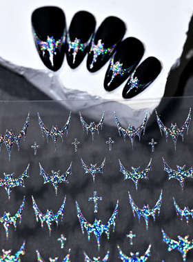 网红甜酷辣妹哥特风法式暗黑蝙蝠烫金美甲贴纸穿戴甲指甲装饰品