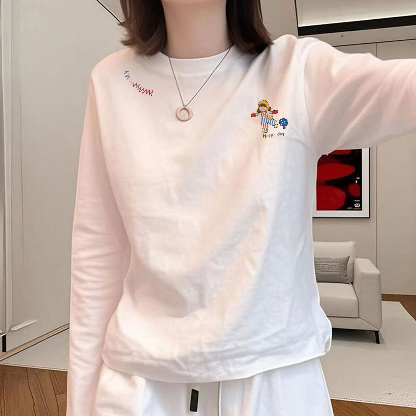 白色纯棉长袖t恤女2025新款冬季加绒内搭打底衫早秋chic别致上衣