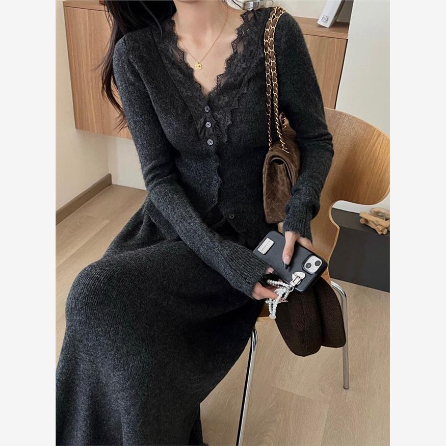 小个子穿搭蕾丝v领针织开衫套装女秋冬新款高级感半身裙两件套潮