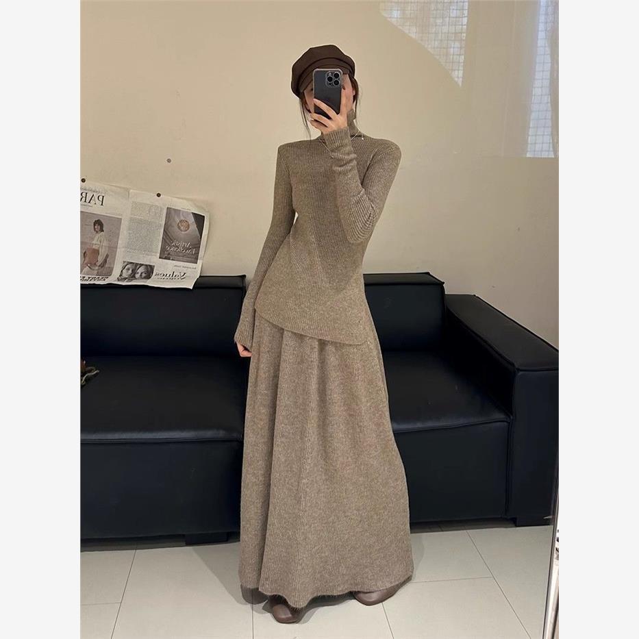 时尚高领打底针织套装女秋冬新款韩版加厚显瘦高腰半身长裙两件套