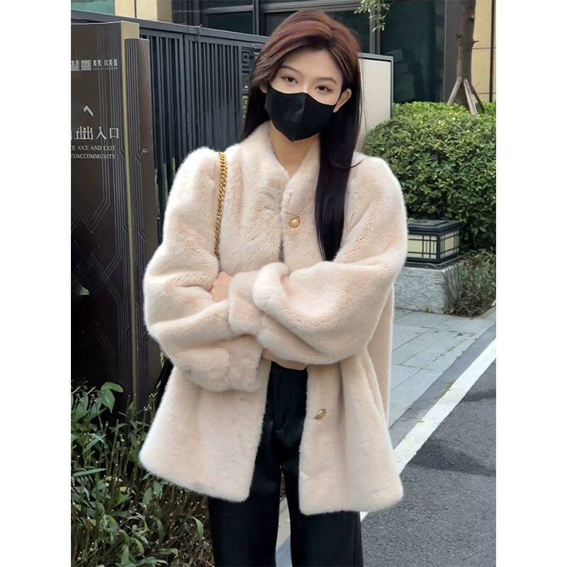 毛绒外套大衣女2024秋冬新款加绒加厚仿兔毛水貂绒立领中长款上衣