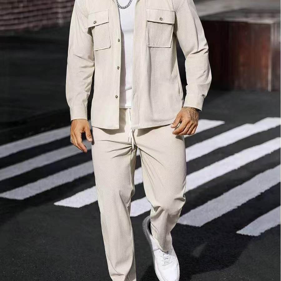 美式潮流春秋男仿棉薄款宽松套装