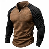 2026秋冬季 保暖鹿皮绒V领插肩袖 长袖 美式 拼接宽松T恤打底衫 男内搭