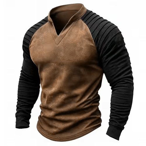 美式复古时尚男装拼接麂皮绒T恤