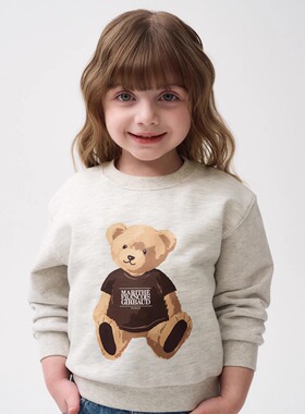 Marithe秋冬新款童装卫衣圆领套头长袖小熊印花男童女童休闲上衣