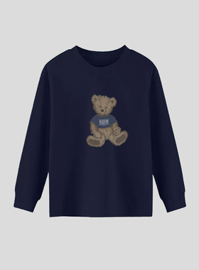 秋冬Marithe儿童长袖小熊印花T-Shirt纯棉圆领套头童装打底长袖T