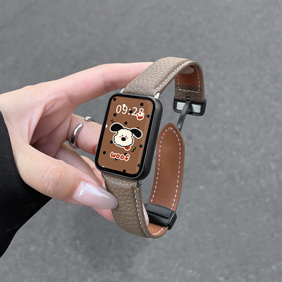 适用小米手环9pro表带8Pro磁吸扣红米watch5/4荔枝纹皮质腕带