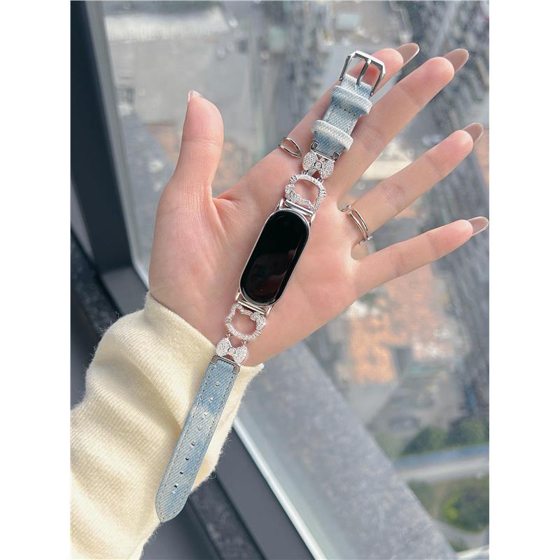 适用小米手环9/8pro闪钻金属KT猫拼皮表带7/6高级感NFC版红米5/4