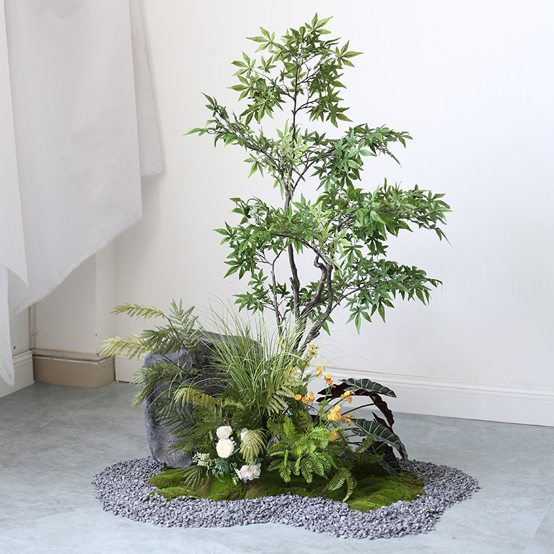 日式仿真绿植造景石头园林景观枫叶青苔假植物展厅办公室仿生景观