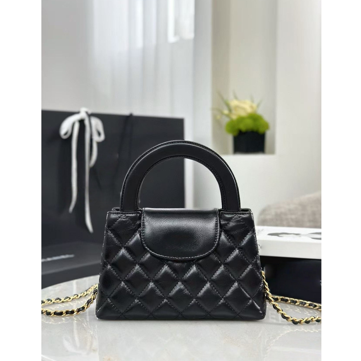 英伦风菱格手提包女黑色牛皮链条包时尚百搭单肩斜挎包