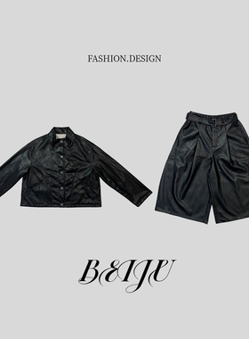 BEIJU【暗序】复古风时尚气质显瘦黑色皮衣宽松阔腿裤套装女C9769