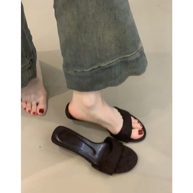 法式绝美坡跟露趾一字拖鞋女夏外穿气质高跟凉拖鞋