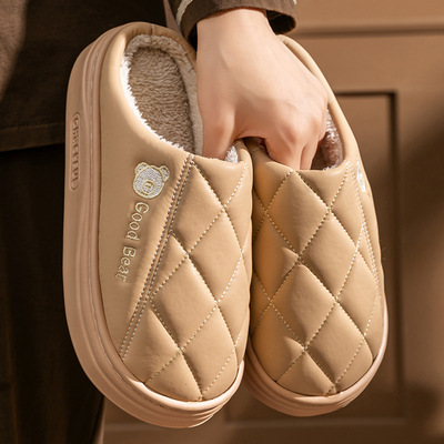 新款pu皮防水棉拖鞋女秋冬季居家厚底防滑外穿加绒保暖月子棉鞋男