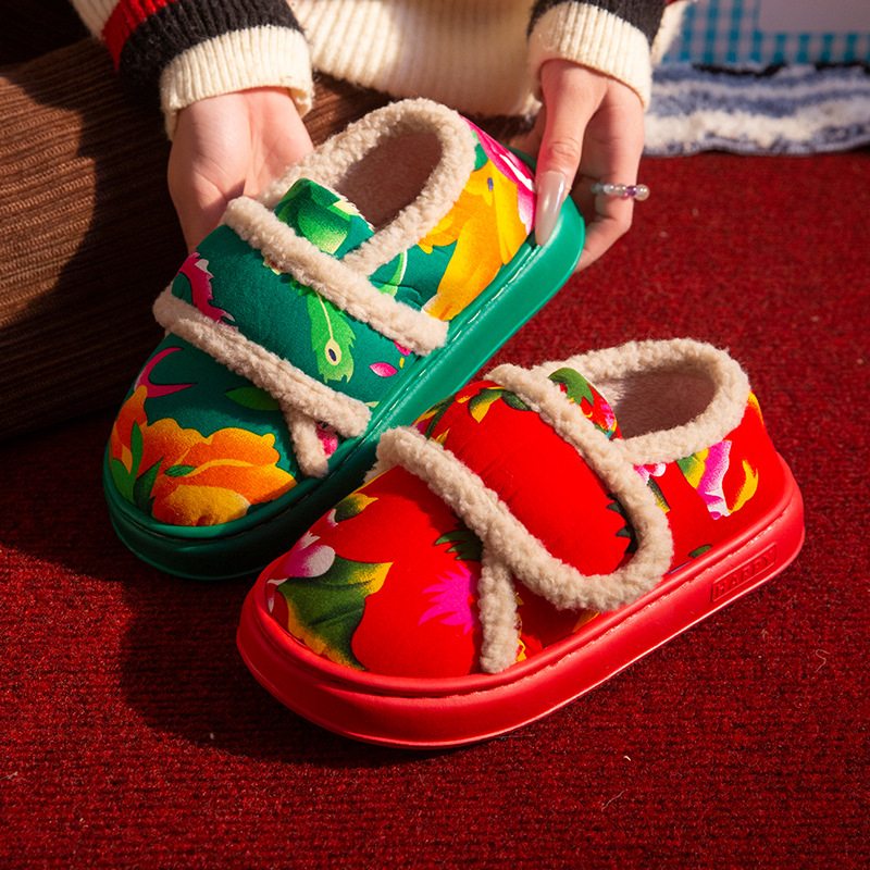 魔术贴包跟棉拖鞋女士冬季厚底棉靴网红东北大花保暖加绒棉鞋外穿