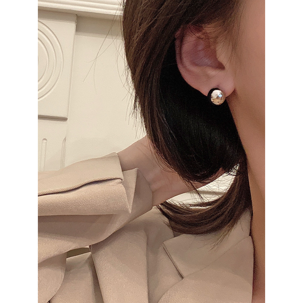 时髦金属风睡觉不用摘的耳环 简约半圆球形耳扣 925纯银耳圈 女