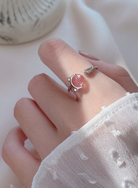 s925纯银小猫戒指女简约猫咪甜美草莓晶小清新开口食指戒子