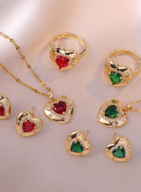 项链女网红 欧美宫廷中古风复古气质绿色锆石爱心耳环项链戒指女