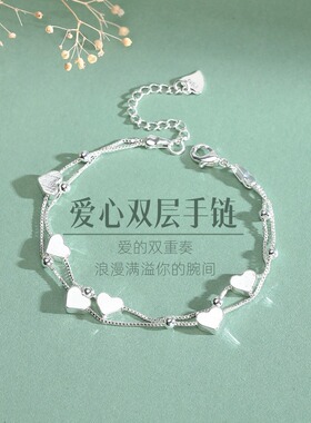 纯银爱心双层手链简约小众女生可调节手饰生日礼物送女友工厂
