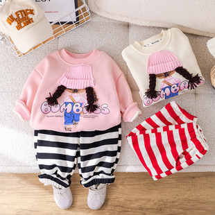 五小七童装2024秋冬款新款0-4岁中小童女童加绒帽子小女孩卫衣2件