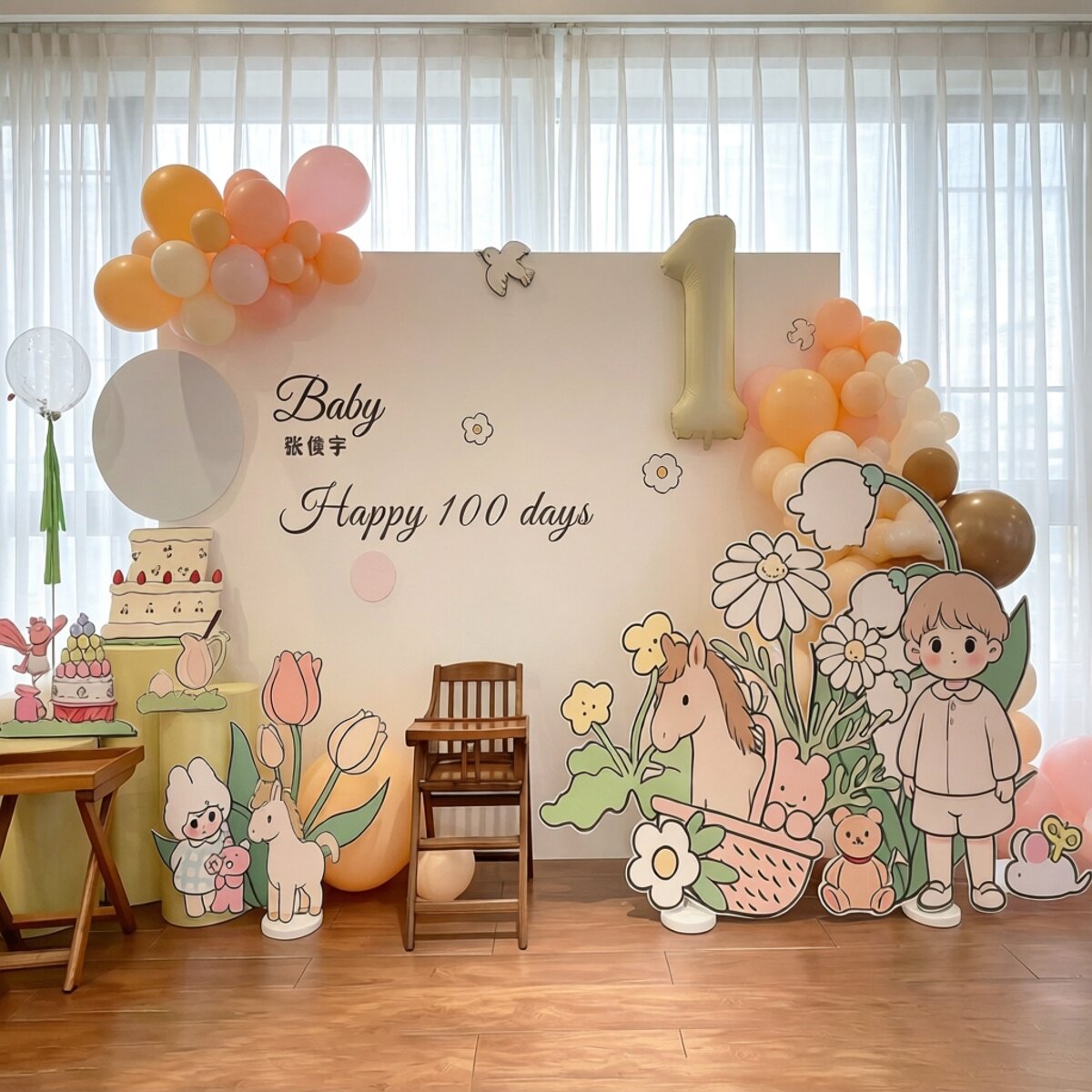 马宝宝百日宴布置生日场景布置装饰女孩高级感氛围感kt板酒店全套
