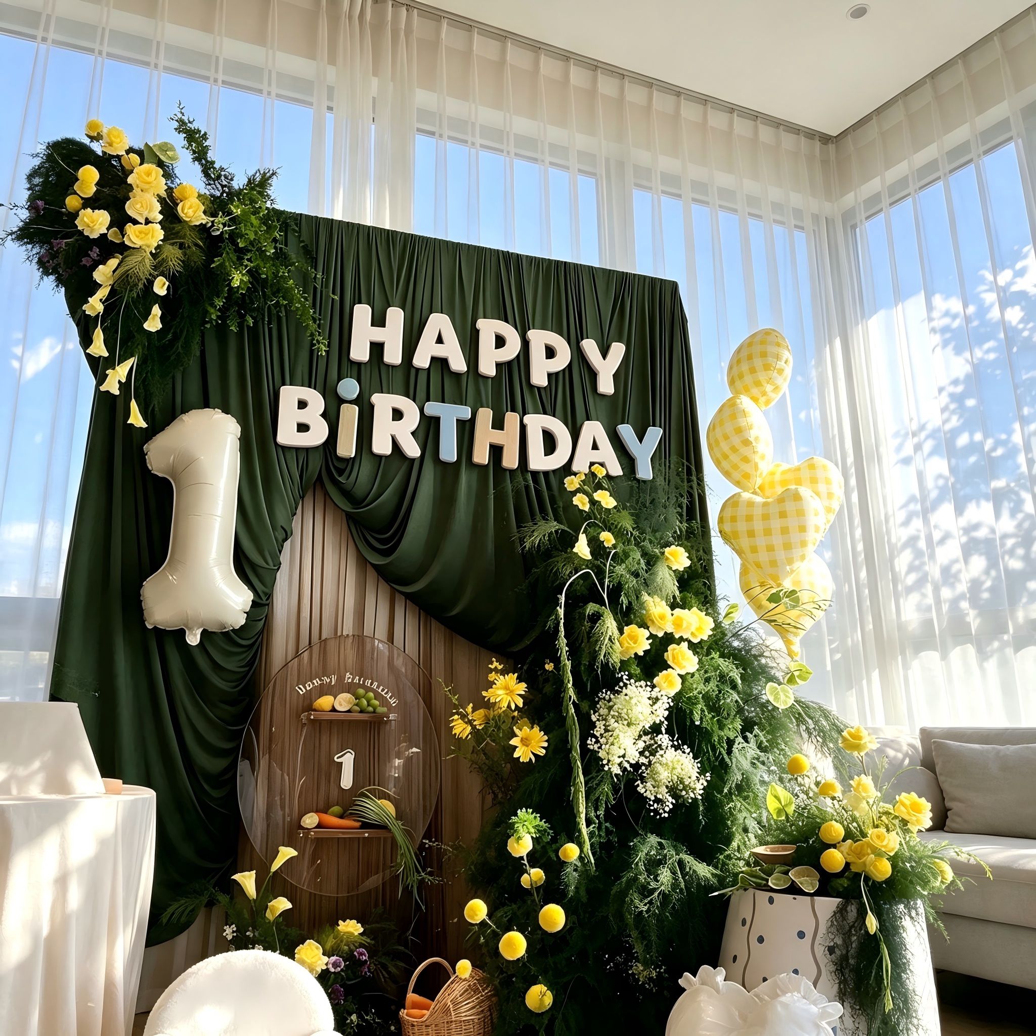 生日装饰场景布置高级感绿色家庭森系生日布幔一周岁气球派对全套