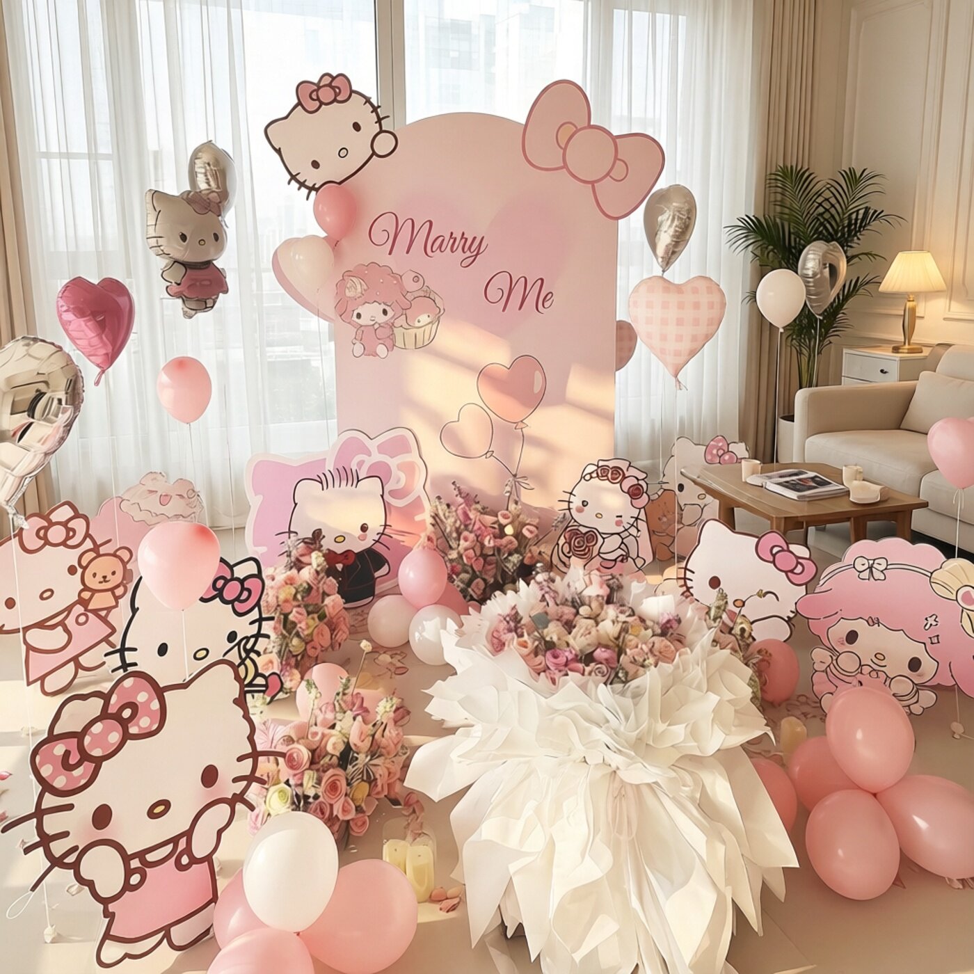 HelloKitty求婚室内布置装饰氛围感场景浪漫表白酒店背景不要气球