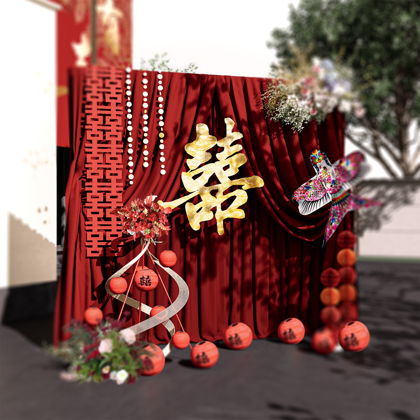 婚房装饰布置新中式布幔结婚喜字家里氛围摆件婚礼卧室床头背景墙