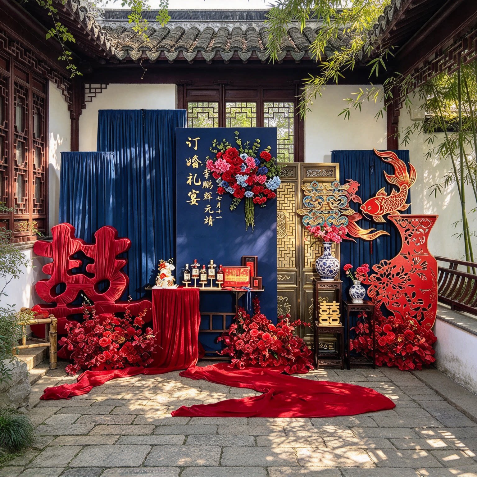 酒店宴会厅订婚布置装饰背景墙农村庭院套装中式红蓝摆件台布幔KT