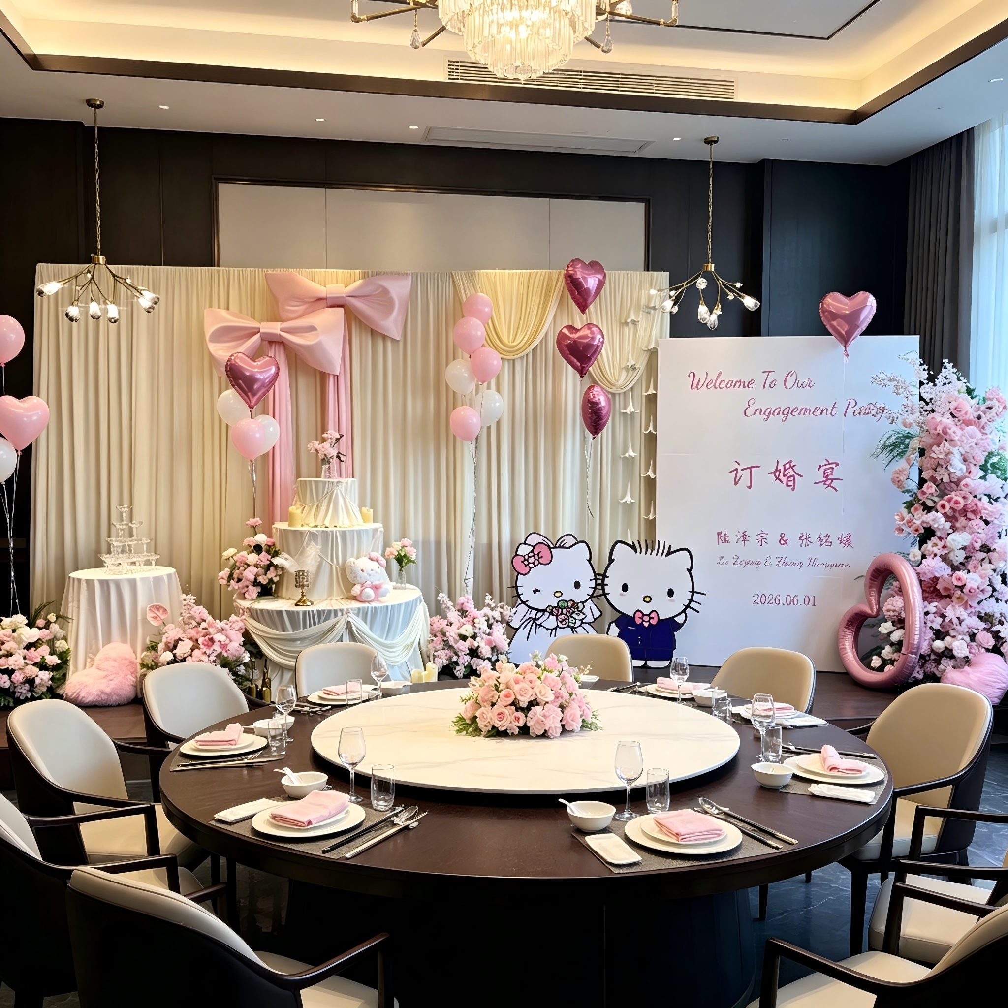 创意订婚布置hellokitty订婚宴酒店饭店场景装饰仿真花全套气球