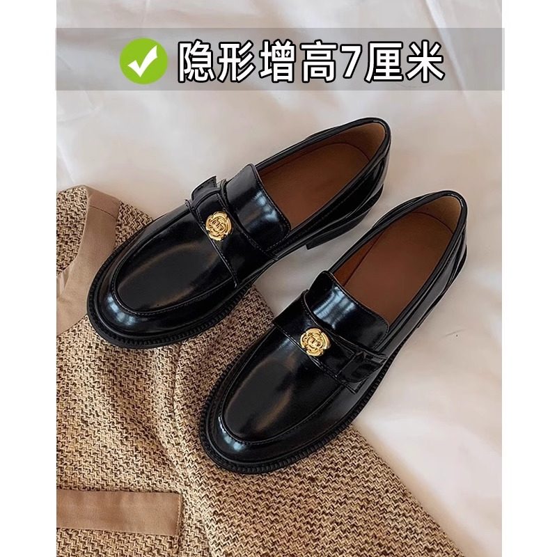 真皮山茶花小皮鞋女款2025春秋季新款加绒小个子内增高英伦乐福鞋
