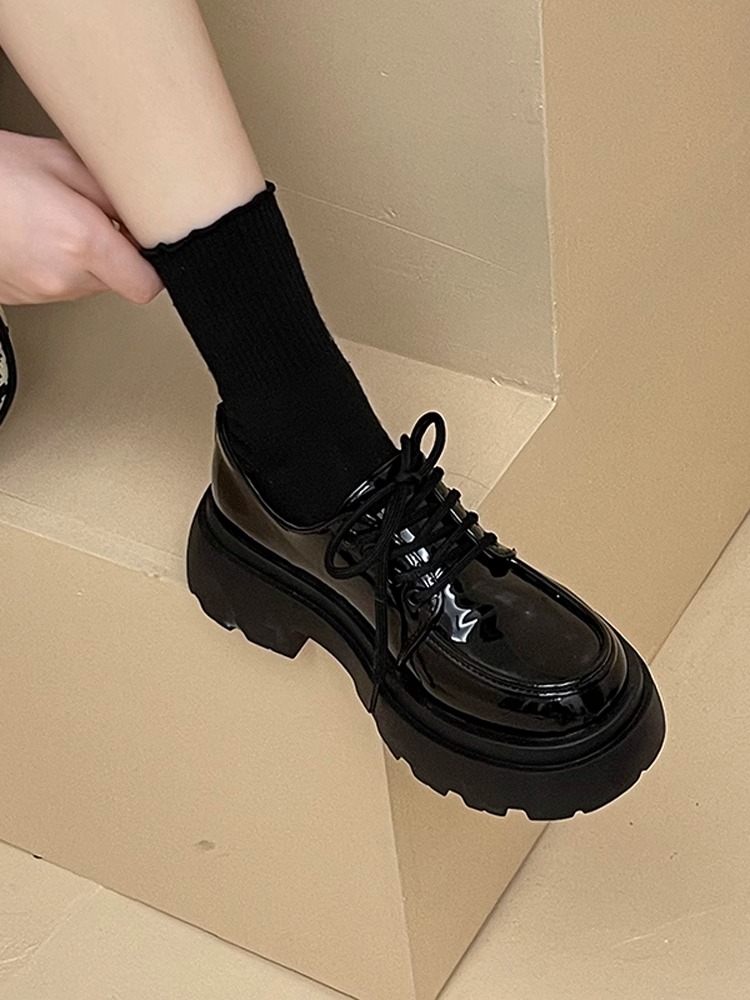玛丽珍厚底小皮鞋女2024年春秋季新款时尚乐福鞋休闲软底系带单鞋