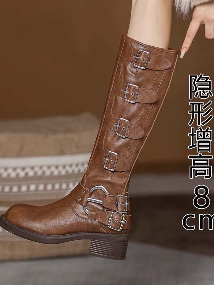 真皮覆古长筒靴女2025年冬季新款机车高筒骑士靴小个子西部牛仔靴