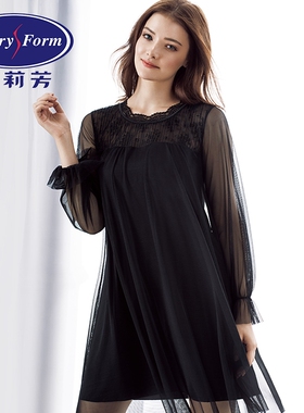 安莉芳女士圆领黑色性感睡裙纯色两层舒适网纱长袖家居服EL7695