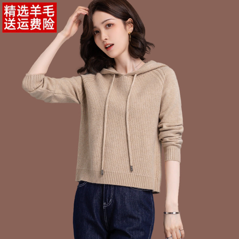 小个子连帽羊毛衫针织毛衣女春秋新款洋气短款宽松卫衣打底带帽衫