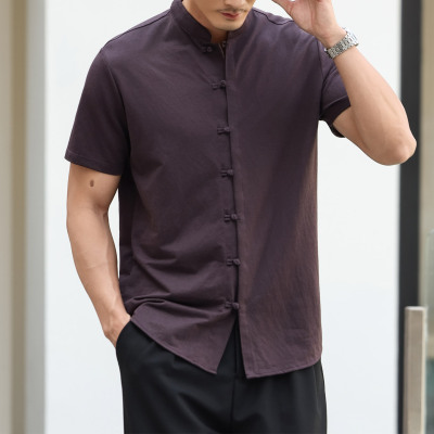 棉麻男士立领盘扣短袖POLO衬衫
