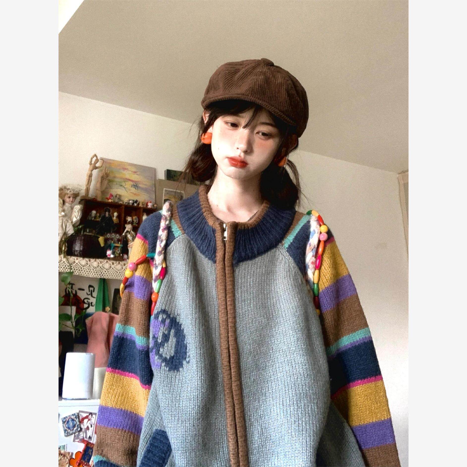 美式覆古对比条纹毛衣夹克的妇女懒洋洋的秋冬新设计拉炼宽松针