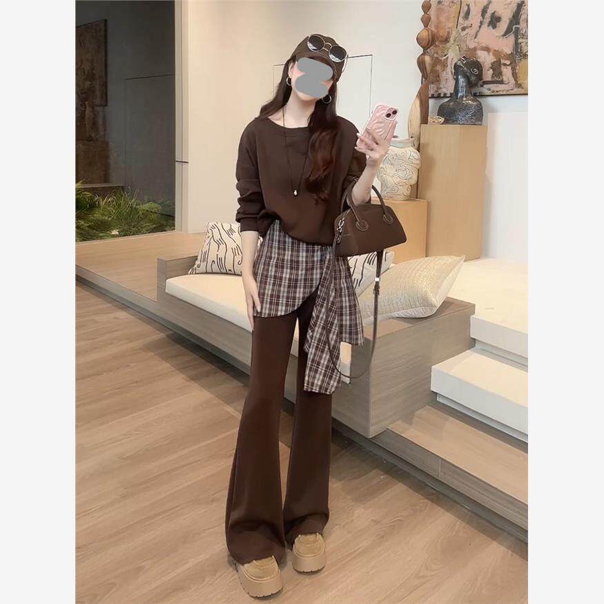 时尚套装女2025秋季新款套头宽松斜肩卫衣+拼接格子微喇裤两件套