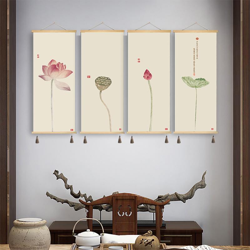 新中式挂画定制卷轴画装饰画荷花图玄关卧室餐厅墙壁画布艺画墙画图片