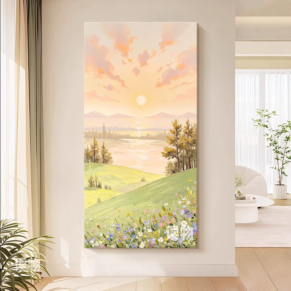 绿色山野风景肌理纯手绘油画客厅日出东方装饰画玄关走廊过道挂画